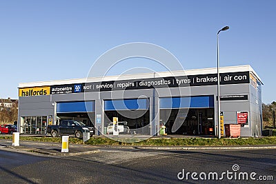 Halfords Auto-centre for MOT, service and other car related repairs Editorial Stock Photo