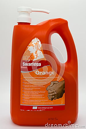 Swarfega hand Cleaner in four litre plastic recyclable plastic bottle and cap dispenser Editorial Stock Photo
