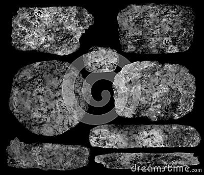Swarm of asteroids isolated on black background. Meteorites abstract blots spots painted objects. Monochrome Cartoon Illustration