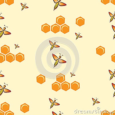 Swarm bees. Honeycombs. Bee pattern, background. Flying bee, honeycombs. Vector Illustration