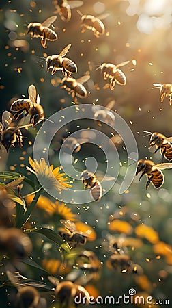 A swarm of pollinator bees buzzing above a flowerfilled landscape Stock Photo
