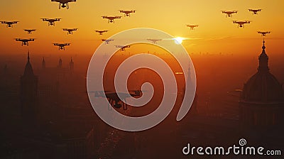 UAV Unmanned Aircraft Drones Flying Near The United States Capitol At Sunset Stock Photo