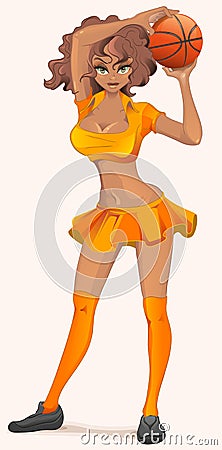 Swarthy girl cheerleader with basketball Vector Illustration