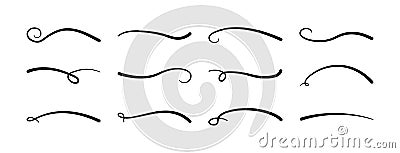 Swash, swoosh vector line, fireworks icon, swish and swoop, black underline set, hand drawn swirl and curly text elements. Doodle Vector Illustration