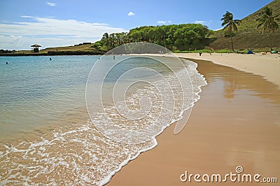 Swash of the wave from Pacific ocean on the Sandy Anakena beach, Easter island, Chile, South America Stock Photo