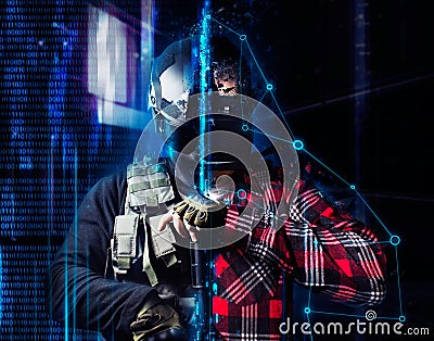 Vr gamer soldier in helmet. Stock Photo