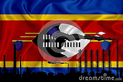 Swaziland flag, background with space for your logo - industrial 3D illustration.Silhouette of a chemical plant, oil refining, gas Cartoon Illustration