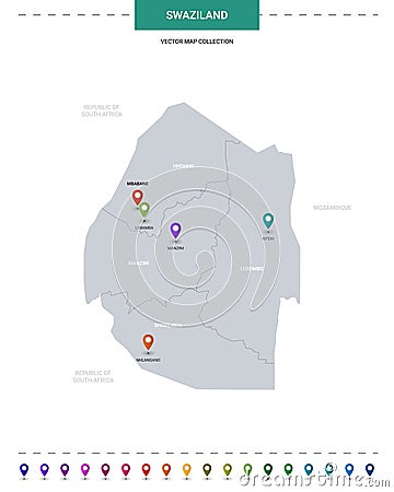 Swaziland map with location pointer marks. Vector Illustration