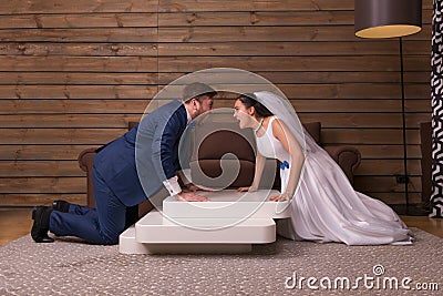 Swearing bride and groom, newlyweds relationship Stock Photo