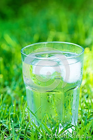 Sweated frosty glass with clear pure cool water with ice cubes on green grass background. Hydration summer refreshment Stock Photo