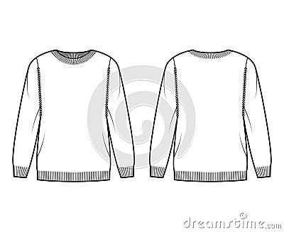 Sweater technical fashion illustration with rib crew neck, long sleeves, oversized, thigh length, knit cuff trim. Flat Vector Illustration