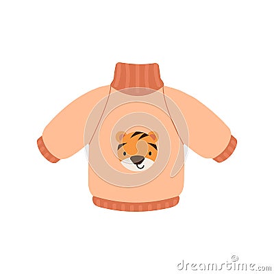 Warm Children's Sweater with a Tiger. Funny piece of Children's wardrobe. Illustration in a flat style. Stock Photo