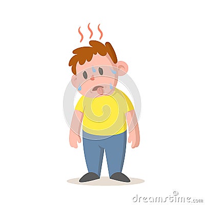 Sweating boy feeling hot, high temperature, hot weather. Cartoon character design. Flat vector illustration, isolated on Vector Illustration