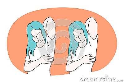 Sweating, unpleasant smell in armpits, using deodorant concept Vector Illustration