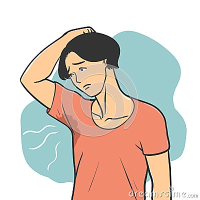 Sweating Young Man Feeling Bad Smell Coming Vector Illustration