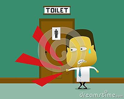 A sweaty man knocked on the toilet door in which there is a person inside Vector Illustration