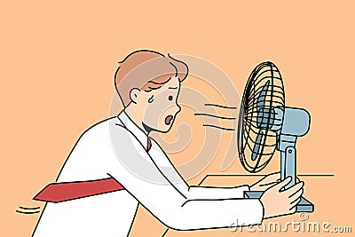 Sweaty man sits in front of fan enjoying cold wind from electric climate control equipment Vector Illustration