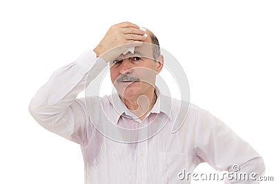 Sweaty spot on the shirt because of the heat, worries and diffidence. Stock Photo