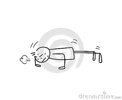 Sweaty stick figure doing push up exercise and plank Vector Illustration