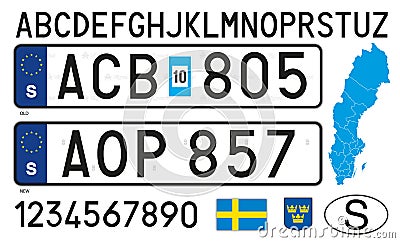 Sweden car license plate, letters, numbers and symbols Vector Illustration