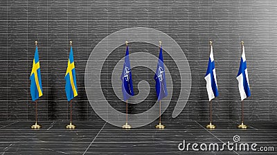 Sweden and Finland to join NATO. Flag Finland, flag Sweden and flag NATO. NATO Summit. 3D work and 3D illustration. Yerevan, Cartoon Illustration