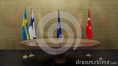 Sweden and Finland to join NATO. Flag Finland, flag Sweden, flag turkey and flag NATO. NATO Summit. 3D work and 3D illustration Cartoon Illustration