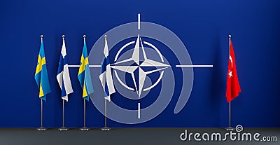 Sweden and Finland to join NATO. Flag Finland, flag Sweden, flag turkey and flag NATO. NATO Summit. 3D work and 3D illustration. Cartoon Illustration