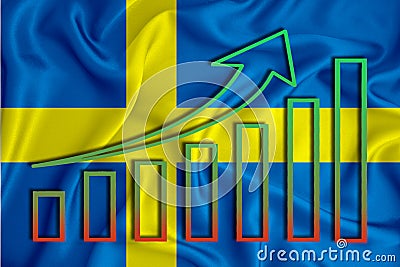 Sweden flag with a graph of price increases for the country`s currency. Rising prices for shares of companies and cryptocurrencie Stock Photo