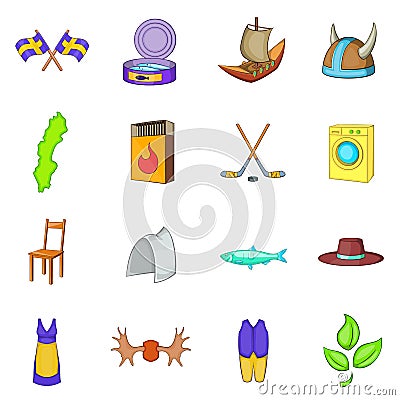 Sweden icons set, cartoon style Vector Illustration