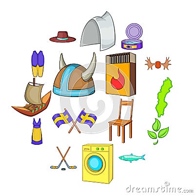 Sweden icons set, cartoon style Vector Illustration