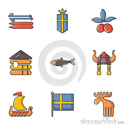 Sweden icons set, cartoon style Vector Illustration