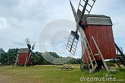 Sweden Oland Two old mills Stock Photo