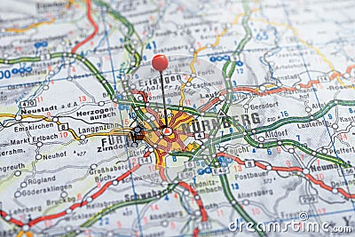 Sweden Stockholm, 07 April 2018: European cities on map series. Closeup of Nurnberg Stock Photo