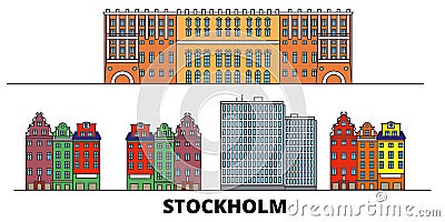 Sweden, Stockholm City flat landmarks vector illustration. Sweden, Stockholm City line city with famous travel sights Vector Illustration