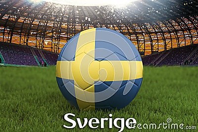 Sweden on Swedish language on football team ball on big stadium background. Sweden Team competition concept. Sweden flag on ball t Stock Photo
