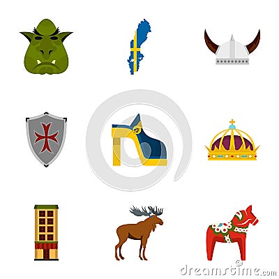 Sweden travel icons set, flat style Vector Illustration