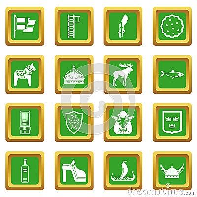 Sweden travel icons set green Vector Illustration