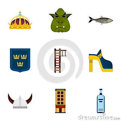 Swedish attractions icons set, flat style Vector Illustration