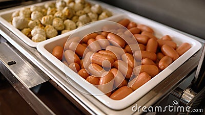 Swedish breakfast items. Sausages, potatoes, scrambled eggs for breakfast at the hotel. Hot breakfast buffet. Self Stock Photo