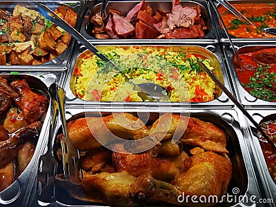 Swedish buffet food in stainless steel trays Stock Photo