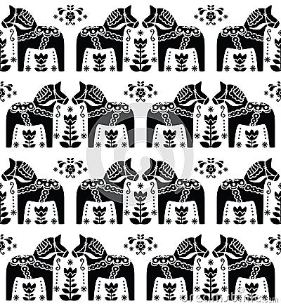 Swedish Dala or Daleclarian horse seamless folk art pattern Vector Illustration