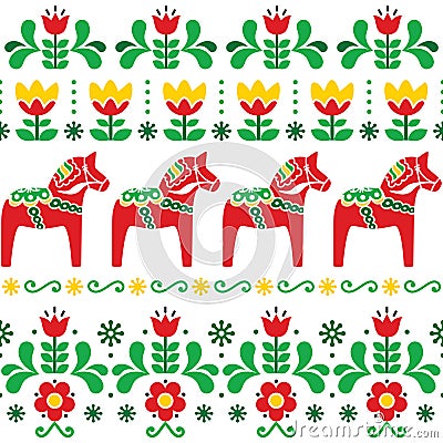 Swedish Dala horse pattern, Scandinavian seamless folk art design with flowers Stock Photo