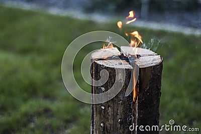 Swedish torch fire burning stub on plate for rest or to cook food chill mood Stock Photo