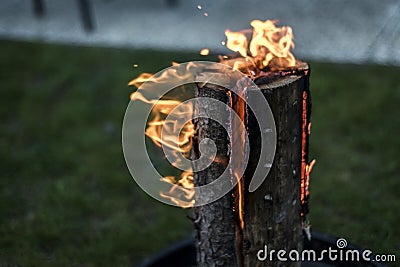 Swedish torch fire burning stub on plate for rest or to cook food chill mood Stock Photo