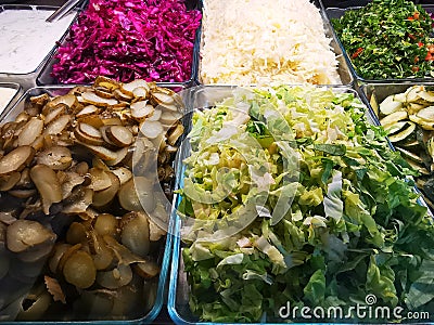 Swedish various vegetable buffet in glass pans Stock Photo