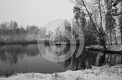 Swedish Winter Landscape In Black And White Stock Photo