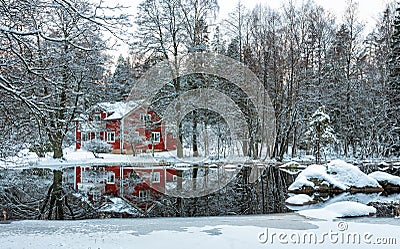 Swedish winter landscape by the lake Stock Photo