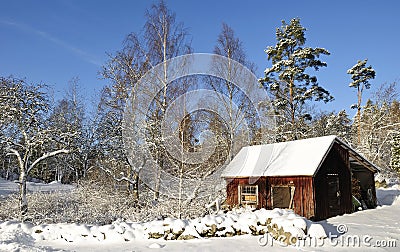 Swedish workhouse in snow Stock Photo