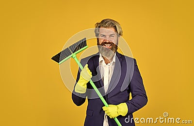 Sweep in office. Hipster enjoy cleanliness. On guard of order. Cleaning day. Cleaning business. Household duties Stock Photo