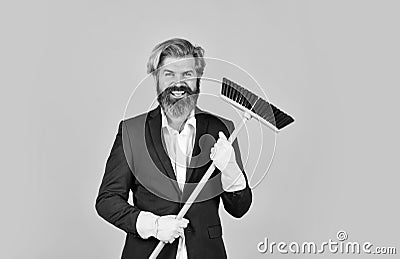 Sweep in office. Hipster enjoy cleanliness. On guard of order. Cleaning day. Cleaning business. Household duties Stock Photo